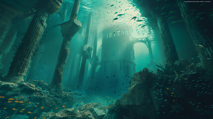 Fantasy underwater seascape with lost city. - obrazy, fototapety, plakaty