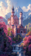 Enchanting Watercolor: Medieval Princess at the Pink Castle - obrazy, fototapety, plakaty