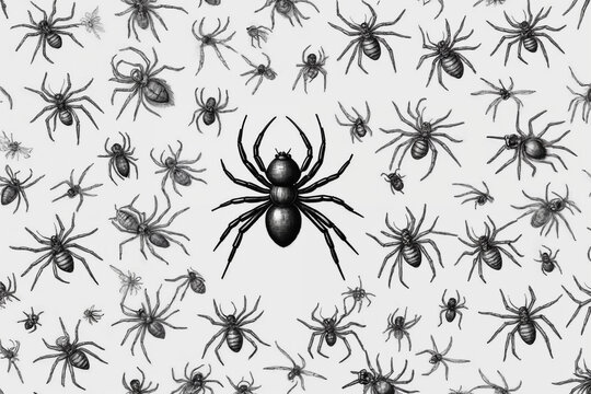 Hand drawn black and white illustration spyders and web. Generative Ai