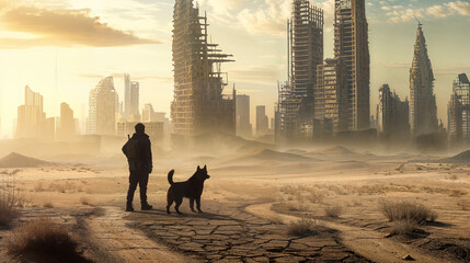 Man and his dog in desolate post-apocalyptic city with mix of buildings and skyscrapers in various states of destruction surrounded by barren and arid environment.