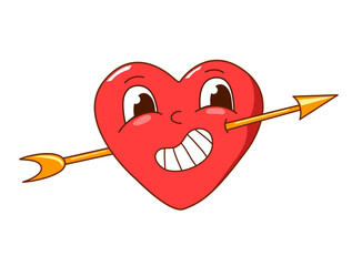 Unhappy cartoon love heart pierced by a rubber hose style arrow. Isolated on white. Vector illustration.