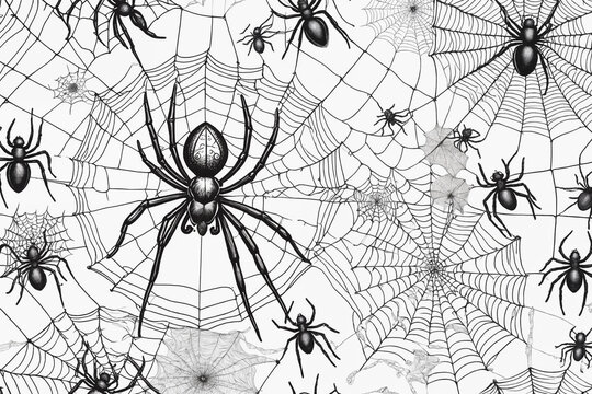 Hand drawn black and white illustration spyders and web. Generative Ai