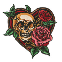 Heart, Skull and Rose, Embroidered Patch, St. Valentine's Day Decoration, PNG, Transparent Background