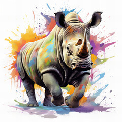 Vibrant Artistic Rhino with Colorful Splashes Illustration for Creative Design and Decor
