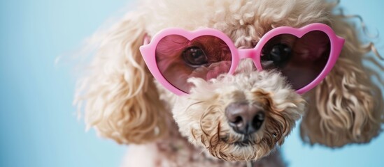 A small poodle with pink heart-shaped sunglasses, a trendy accessory for this dog breed