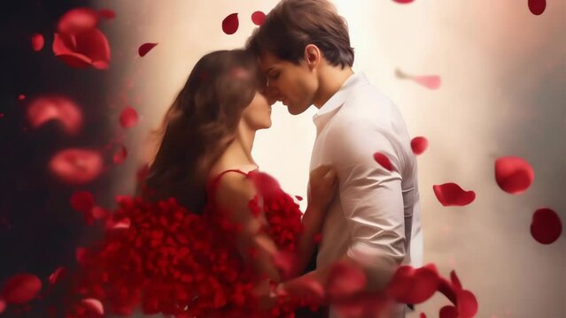 Couple in tender embrace surrounded by falling red rose petals. Romantic moment. Ideal as postcard for Valentines Day, wedding, anniversary or love story themes. Concept of passion and tenderness.