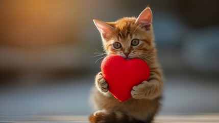 Cute little kitten holding red heart on blurred background, Love concept.