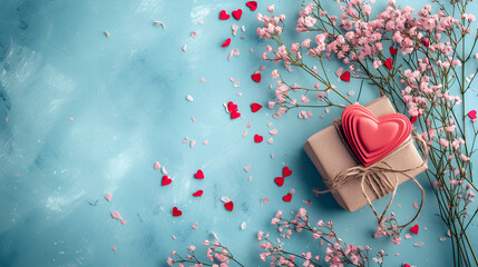Valentine's day background with gift box, heart and flowers on blue background. Copy space.