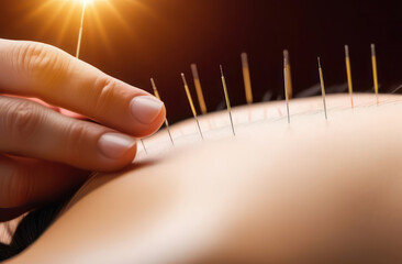 Acupuncture treatment on skin, close-up - obrazy, fototapety, plakaty
