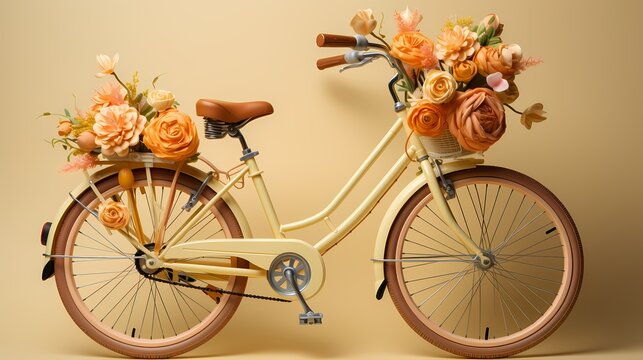 Top view of a retro bicycle mockup with a basket of flowers on a solid background