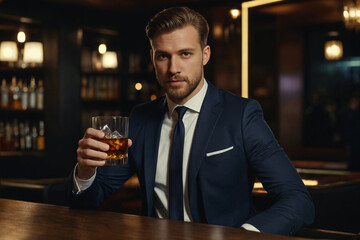 A attracrive man in an elegant expensive suit hold a glass of whiskey on blurred bar background. An unrecognizable man holds a glass with an expensive alcoholic drink. Generative Ai