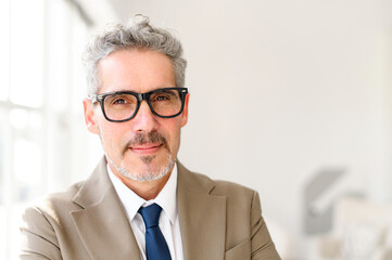 Mature businessman with grey hair and glasses is depicted looking directly at the camera, offering...