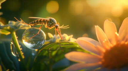 Naklejka premium Sundown Gleam on Mosquito Resting on Dewy Flower