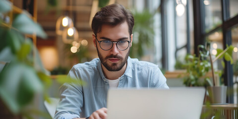 Focused Young Professional Working on Laptop in Modern Office, Diligent Work Ethic, Corporate Productivity, Smart Casual Businessman, Technology Utilization, Office Concentration