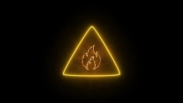 Loop animation of moving flames, yellow triangle fire warning sign, cartoon fire animation on black background. Flame, fire, burn, hot flame.