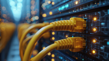 Internet LAN cable In a modern server room For storing and transmitting information through a secure internet technology network.
