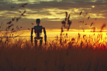 Obraz na płótnie Canvas Golden Glow Glide: Robot's Evening Promenade in the Countryside
