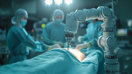 Future robot arm that performs medical surgical care, automated with precision in the future. With remote control from the hospital