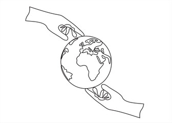 Single one line drawing of hands hold round earth. Globe icon silhouette for world protect concept. Infographics, business presentation isolated on white background. Design vector graphic illustration