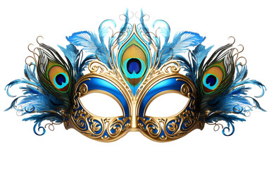 Exquisite Carnival Mask Featuring Regal Peacock Feathers Isolated on Transparent Background PNG.