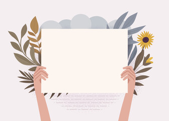 Blank banner, white paper sheet, empty card mockup hold in hands. Blog or social media info poster. Information, greeting, holiday invitation, business announcement template on botanical background