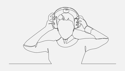girl listening to music. girl wearing headphones in continuous one line drawing style. editable stroke. isolated on white background. vector illustration.
