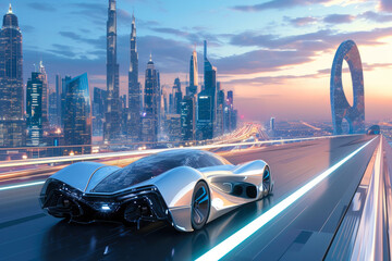 City of Tomorrow: Cutting-Edge Car on Futuristic Highway