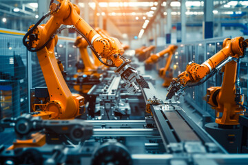 Naklejka premium Automated Precision: A Futuristic Factory Assembly Line