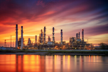 Fototapeta premium Oil refinery plant. Gas Processing Plant. Pipes of natural gas factory. Oil crude and gas refineries. Oil refining and Petrochemical. Reduced fuel. Ai Generated Illustration.
