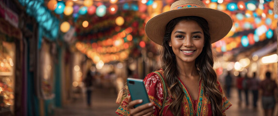 Fototapeta na wymiar Young beautiful Caucasian Latina Hispanic teenage girl smiling happy outdoors on the street, holding her mobile phone looking, sending message on social media to get worldwide internet coverage online