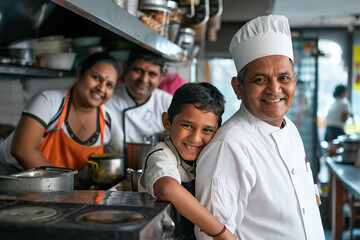 Indian family cook in restaurant kitchen.