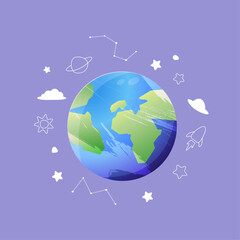 card with symbol of earth planet, globe on  purple background, blue and green vector of word with sun cloud rocket and stars