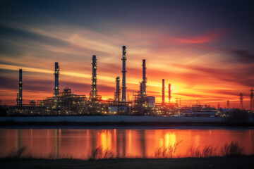 Naklejka premium Oil refinery plant. Gas Processing Plant. Pipes of natural gas factory. Oil crude and gas refineries. Oil refining and Petrochemical. Reduced fuel. Ai Generated Illustration.
