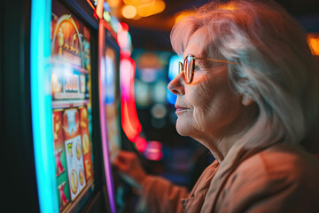 elderly woman playing slot machines in a casino.