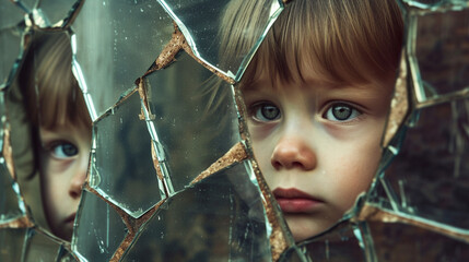 Distorted Reflections: Show distorted or broken reflections of children in mirrors to represent the distortion of self-identity and self-esteem caused by abuse - obrazy, fototapety, plakaty