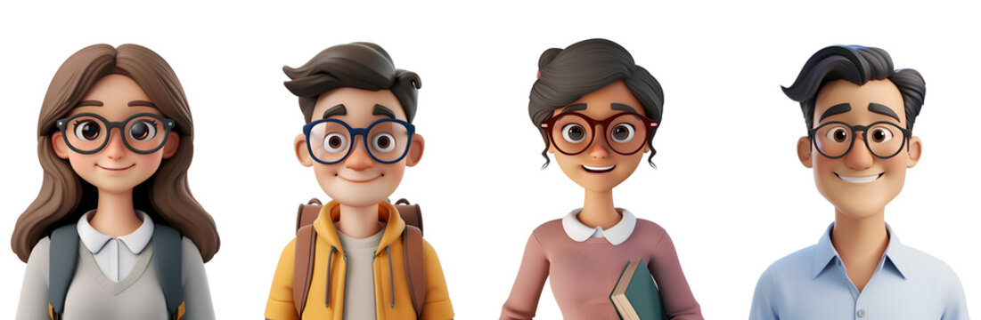 Close-Up 3D Cartoon Render: Happy Teachers and Students Character Illustration, Isolated on Transparent Background, PNG