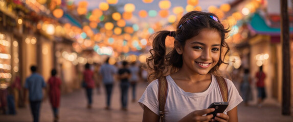 Young beautiful Caucasian Latina Hispanic teenage girl smiling happy outdoors on the street, holding her mobile phone looking, sending message on social media to get worldwide internet coverage online