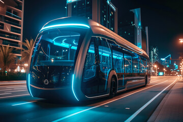 Sleek Electric Bus Glides Through Futuristic Urban Landscape