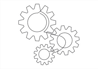 Gears wheel symbol technology, continuous one line drawing. Moving cog gears for business teamwork concept. Contour single outline. Vector illustration