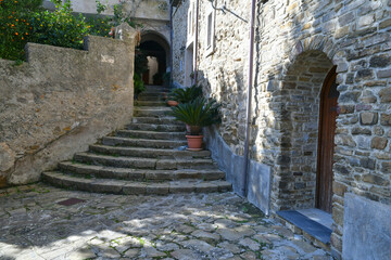 A narrow street in Castellabate, a medieval village on the coast of Campania, Italy..
