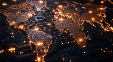 A glowing, orange digital world map overlays a dark, intricate circuit board, symbolizing global connectivity and technology. 