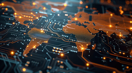 A glowing, orange digital world map overlays a dark, intricate circuit board, symbolizing global connectivity and technology. 