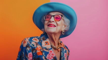 Funny grandmother portraits. Senior old woman dressing elegant for a special event. granny fashion model on colored
