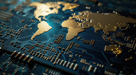 A glowing, orange digital world map overlays a dark, intricate circuit board, symbolizing global connectivity and technology. 