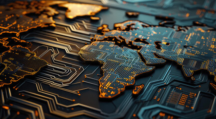 A glowing, orange digital world map overlays a dark, intricate circuit board, symbolizing global connectivity and technology. 