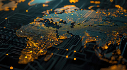 A glowing, orange digital world map overlays a dark, intricate circuit board, symbolizing global connectivity and technology. 