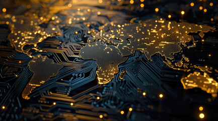 A glowing, orange digital world map overlays a dark, intricate circuit board, symbolizing global connectivity and technology. 