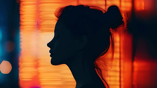 A woman's silhouette profile against a vibrant backdrop of neon lights