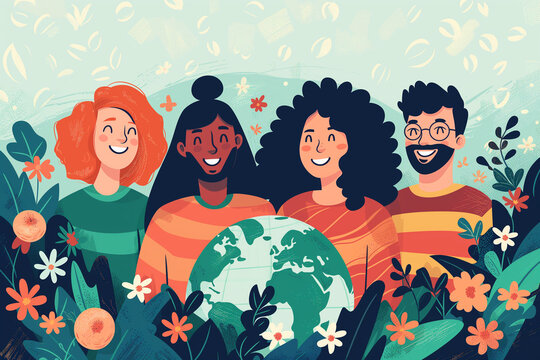 A Vibrant Flat Design Illustration for Earth Day, Depicting Diverse People of Different Races Standing Joyfully United Behind the Resplendent Image of Planet Earth, Surrounded by Lush Flowers
