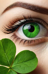 festive woman with vibrant green makeup, perfect St. Patricks Day. eyes with bold, green eyeshadow, lips in matching green hue. shamrock clovers make up, beauty and cosmetics.